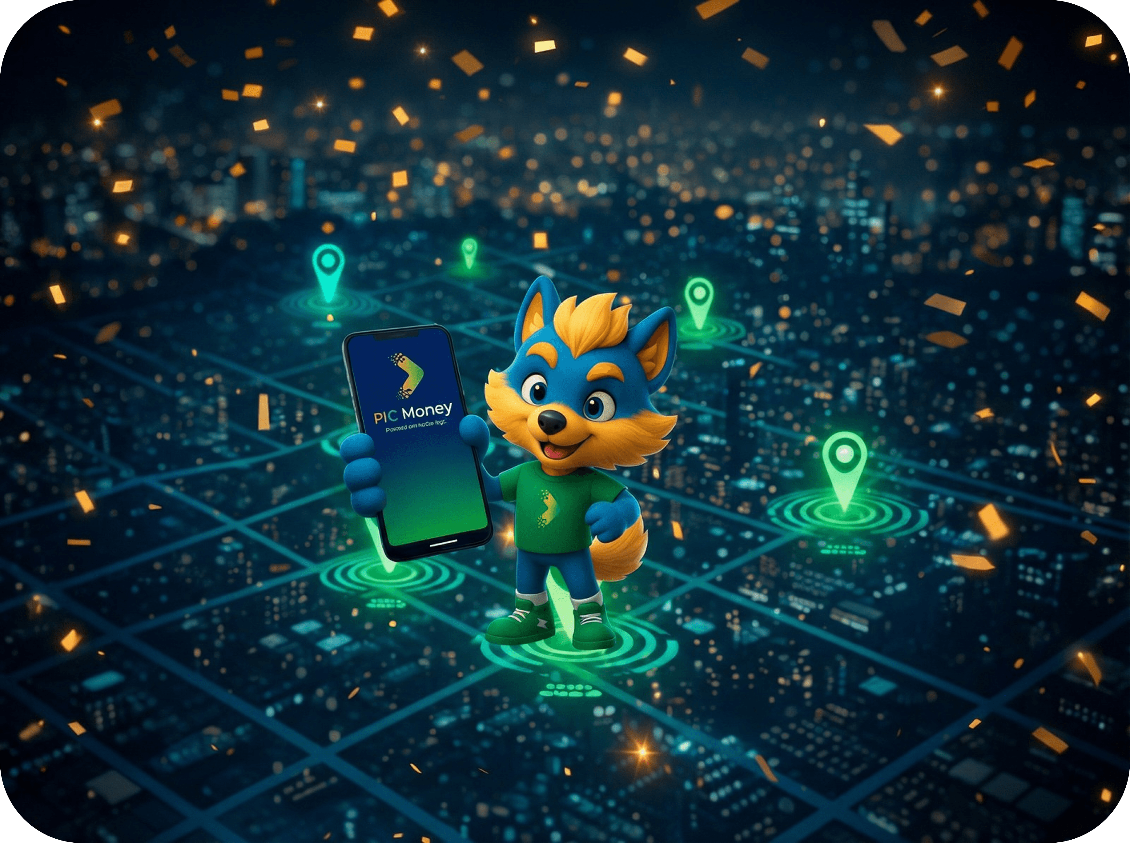 Mascote PIC Money no mapa com app